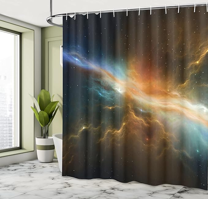 Ambesonne Outer Space Shower Curtain, Astronomy Celestial Meteorite Supernova Dark Mysterious Space Picture, Cloth Fabric Bathroom Decor Set with Hooks, 69" W x 70" L, Marigold Blue