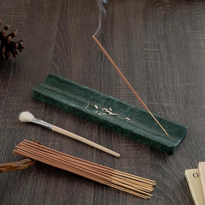 Marble Incense Holder Burner-Natural Stone Stick Incense Tray with Ash Catcher，20 Sticks & Brush - Elegant Decor for Meditation, Yoga, Home,Gift(Green)