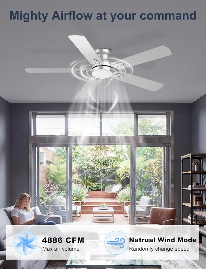 52'' Silver Flush Mount Ceiling Fan with Lights for Bedroom | App/Remote Control, Low Profile, Space-Saving, Quiet DC Motor, 3CCT Dimmable, 6 Speeds Modern Overhead Fan for Low Ceilings