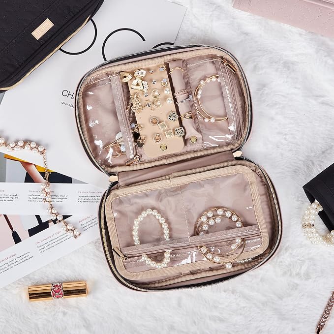 NISHEL Travel Jewelry Case Organizer, Tangle-Free Necklace Storage Bag | Stores rings, earrings, bracelets and watches in a compact case for travel, vacations and daily use, Pink, Medium