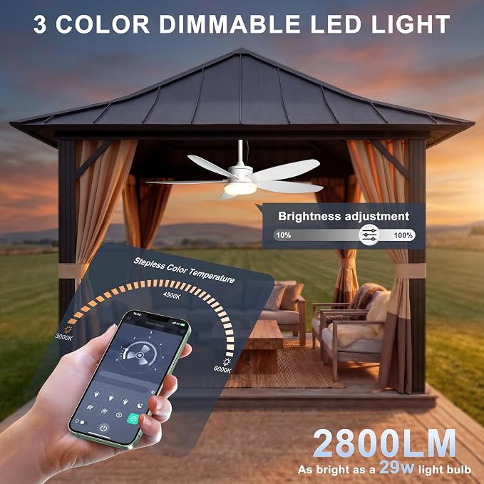 Outdoor Ceiling Fan with Lights, 48 Inch Plug in Gazebo Fans with Remote APP Control, Quiet DC Motor, Dimmable 3CCT, Waterproof Hanging Fans for Covered Patios, Porch, White