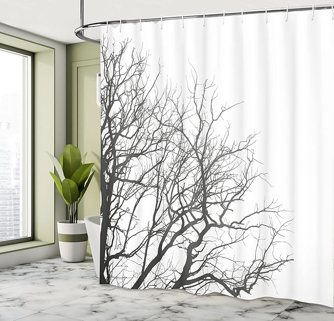 Ambesonne Black and White Shower Curtain, Leafless Branches of a Tree in Autumn Dramatic November Days Out Twigs, Cloth Fabric Bathroom Decor Set with Hooks, 69" W x 70" L, Black White