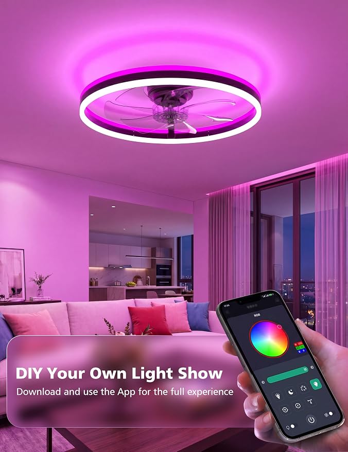 NIORSUN RGB Ceiling Fans with Lights and Remote, Modern Smart LED Ceiling Fans Light, 6 Speeds & 3000K-6500K Dimmable, Quiet Bladeless Fandelier Ceiling Fan with Light for Bedroom(24Inch, Black)