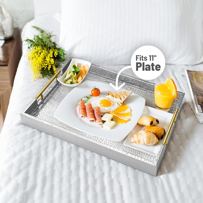 ATZYmolin 17"x12" Leather Serving Tray, Gold Handle Vanity Platter, Silvery | Rectangle Ottoman Decor Tray, Polished Metal Handles, Coffee Table Bathroom Home Decorative Wood Tray