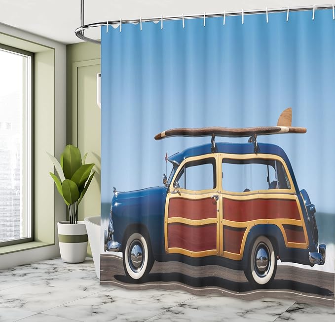 Ambesonne Surfboard Shower Curtain, Wave Rider Warm Tropic Weather Climate Wind Surfing Wakesurfing, Cloth Fabric Bathroom Decor Set with Hooks, 69" W x 70" L, Dark Blue Redwood Blue
