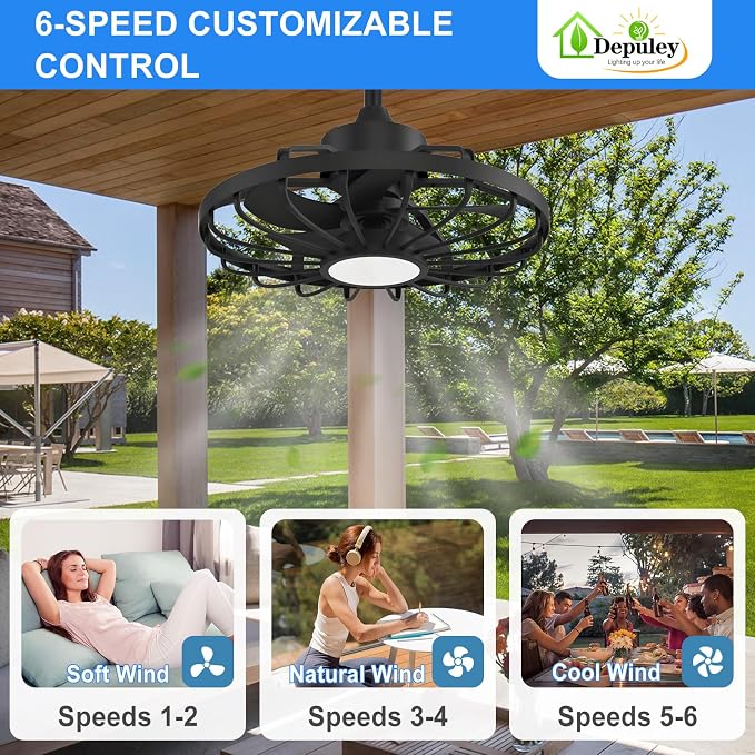 Depuley Gazebo Fans Outdoor Hanging: 20 Inch Black Plug In Caged Outdoor Fan with Light and APP Remote Control - Waterproof Ceiling Fan for Patio Porch Pergola Reversible DC Motor