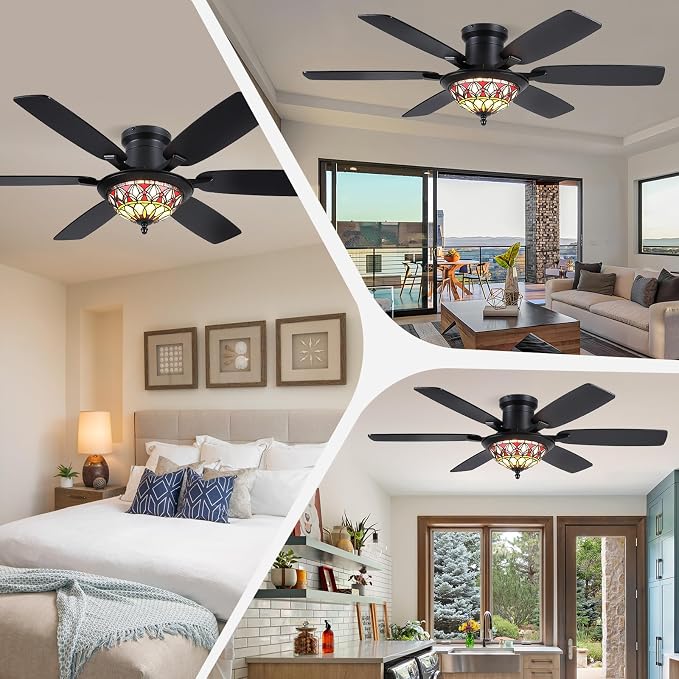 Tiffany Ceiling Fans with Lights - 52" Ceiling Fan Chandelier with Stained Glass Shade, 6 Speeds Reversible 6 Dual-Blades, Flush Mount, 3 CCT Dimmable LED Lights, Remote & APP Control, Retro Style