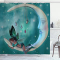 Ambesonne Moon Shower Curtain, Elf with Wings Toonimal Faeire Pixie Starry Sky Cosmic Artwork, Cloth Fabric Bathroom Decor Set with Hooks, 69" W x 70" L, Teal White