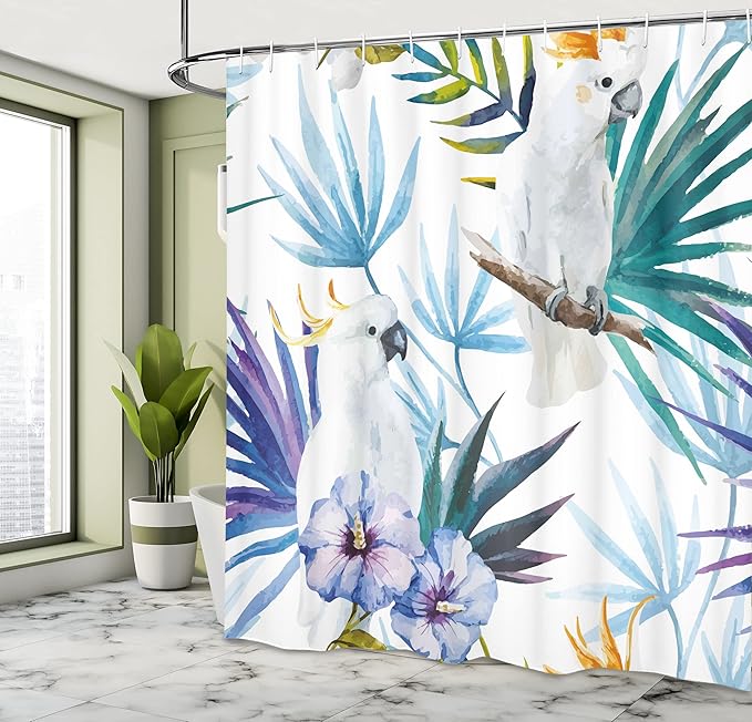 Ambesonne Tropical Shower Curtain, Watercolor White Parrot Birds on Palm Tree Branches Leaves Exotic Nature Art, Cloth Fabric Bathroom Decor Set with Hooks, 69" W x 84" L, Purple Green
