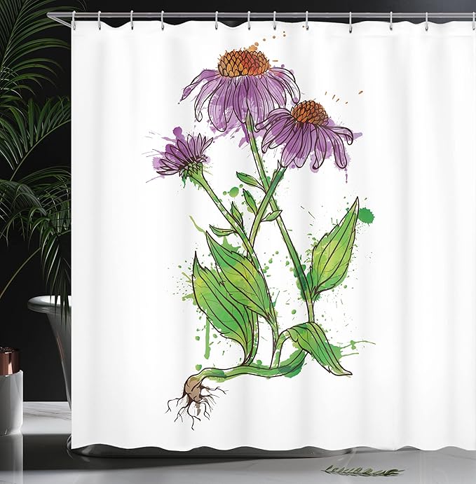 Ambesonne Coneflower Shower Curtain, Watercolor Style Inspired Pattern of Echinacea Flowers Paint Splashes, Cloth Fabric Bathroom Decor Set with Hooks, 69" W x 84" L, Purple Green White