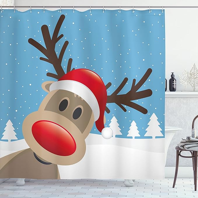 Ambesonne Christmas Shower Curtain, Reindeer Rudolph Red Nose and Santa Claus Hat Snowy Forest, Cloth Fabric Bathroom Decor Set with Hooks, 69" W x 70" L, Brown Blue