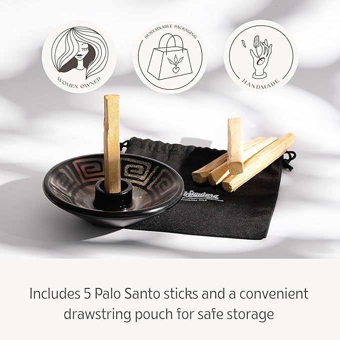 Palo Santo Holder with 5 Sticks - Luna Sundara Handmade Ceramic Incense Burner - Blue Chulucanas Pottery from Peru - Smudge Bowl for Sage - Aromatherapy Gift Set