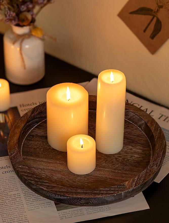 Hanobe Round Wooden Candle Holder Trays for Coffee Table, Distressed Finish | 11.2" Rustic Decorative Candlestick Plates for Kitchen Centerpiece, Farmhouse Living Room Fall Decor