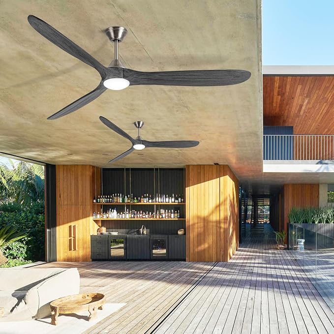 AUNLPB Ceiling Fan with light, 70 inch Outdoor Ceiling Fans for Patio with light Damp Rated, Large Wood Ceiling Fan for Indoor, Extior, Commercial, High CFM Propeller Ceiling Fans, Nickel color+gray