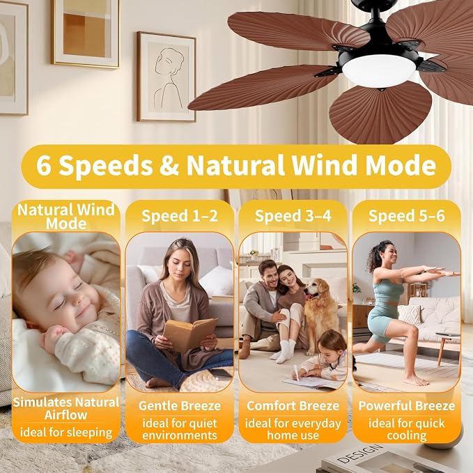 52" Modern Tropical Ceiling Fan with Light and Remote for Bedroom | LED Dimmable Tri-Color Temperature, 5 Blade Ceiling Fans Reversible, 6 Speeds w/Quiet DC Motor, living room, bedroom, kitchen