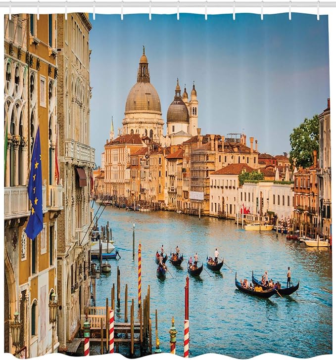 Ambesonne Scenery Shower Curtain, Gondolas on The Canal Grande Sunset in Venice City Romantic View Image Print, Cloth Fabric Bathroom Decor Set with Hooks, 69" W x 70" L, Blue and Tan