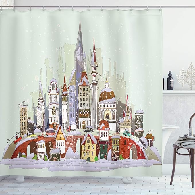 Ambesonne Christmas Shower Curtain, Noel in The City Xmas Background Yule Holiday Traditional Winter Scenery, Cloth Fabric Bathroom Decor Set with Hooks, 69" W x 75" L, Green Lavender