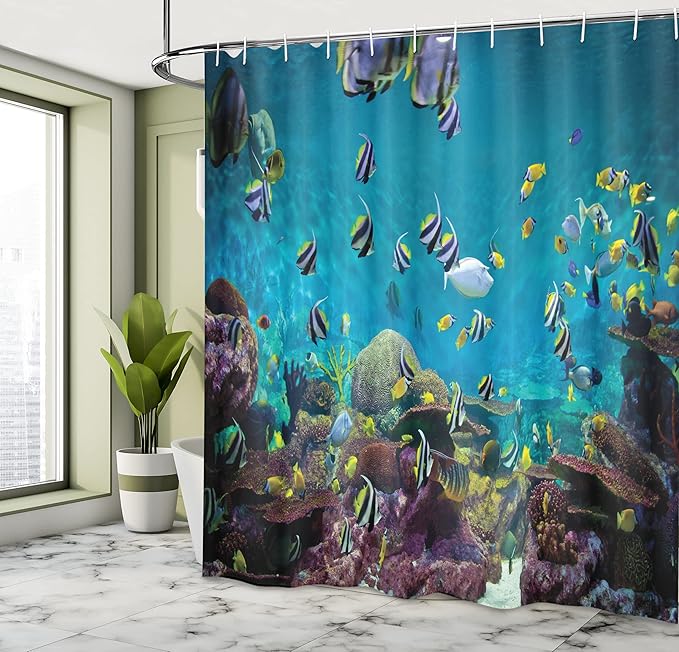 Ambesonne Ocean Shower Curtain, Untouched Wild Underwater Aquatic World Corals Exotic Fishes Seascape, Cloth Fabric Bathroom Decor Set with Hooks, 69" W x 75" L, Purple Lilac