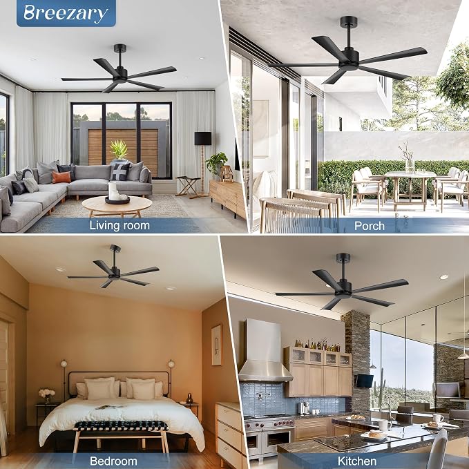 52 inch 5 Blade Ceiling Fans without Light Remote Control, Quiet Reversible DC Motor, 5 Black Blades, 6-Speed, Industrial Ceiling Fan for Home Kitchen (Black)