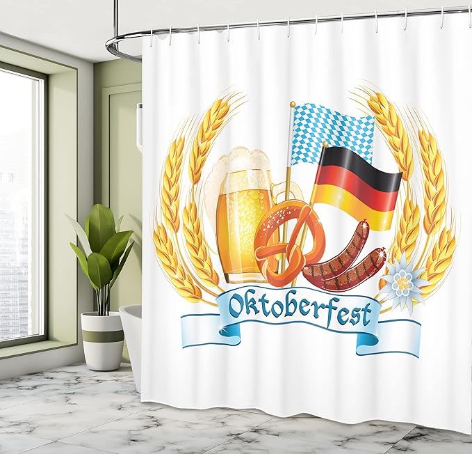 Ambesonne Oktoberfest Shower Curtain, Oktoberfest Celebration Design with Sausage Drink Flags Wheat Stems Banner, Cloth Fabric Bathroom Decor Set with Hooks, 69" W x 75" L, Yellow Blue