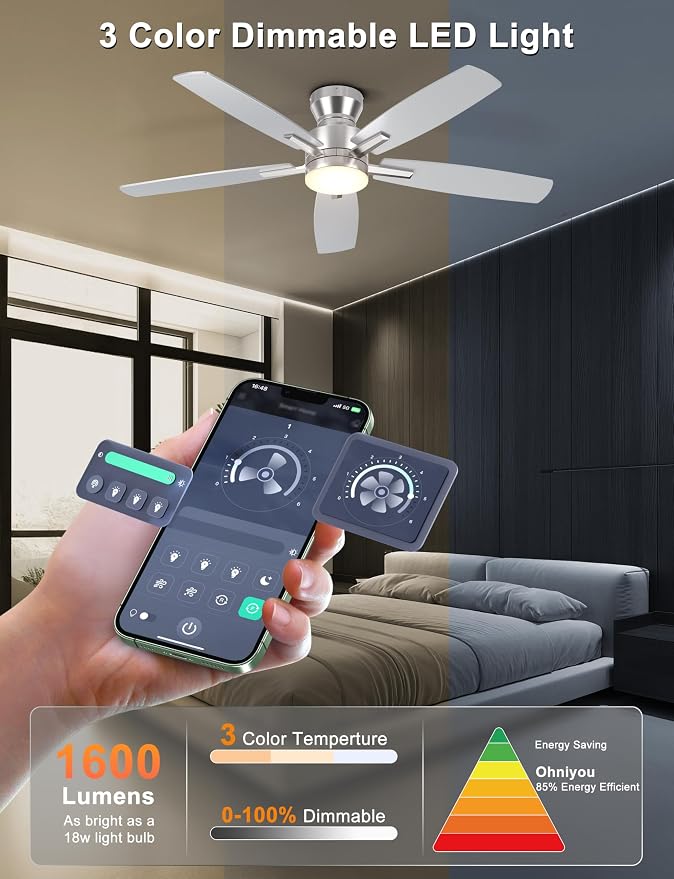 Ohniyou Ceiling Fans with Lights, 52'' Low Profile Ceiling Fan with Light and Remote/APP Control, Modern Flush Mount Ceiling Fan for Indoor Bedroom Living Room, Dimmable, Quiet DC Motor, Silver