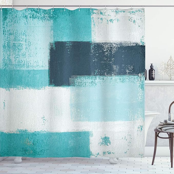 Ambesonne Abstract Shower Curtain, Abstract Grunge Style Brushstrokes Painting Contemporary Illustration, Cloth Fabric Bathroom Decor Set with Hooks, 69" W x 84" L, Turquoise Aqua
