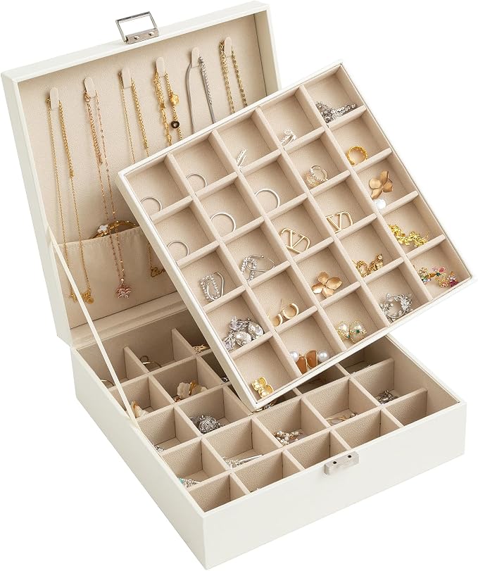 Frebeauty 50 Grid Earring Holder Organizer,2 Layer Jewelry Box for Women | Faux Leather,Velvet Lining,Adjustable Divider,Jewelry Organizer for Ring Necklace and Bracelet,for Home Use and Jewelry Store