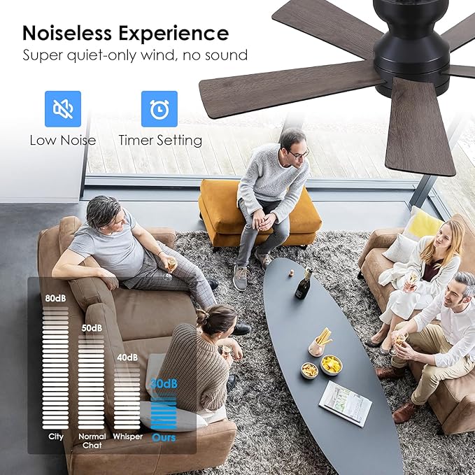 Black Ceiling Fans with Lights - 46" Flush Mount Ceiling Fan with Remote and 5 Reversible Blades, 3CCT Dimmable, 6 Wind Speeds&2H Timer, Indoor Low Profile Fan Light Fixture for Modern Bedroom