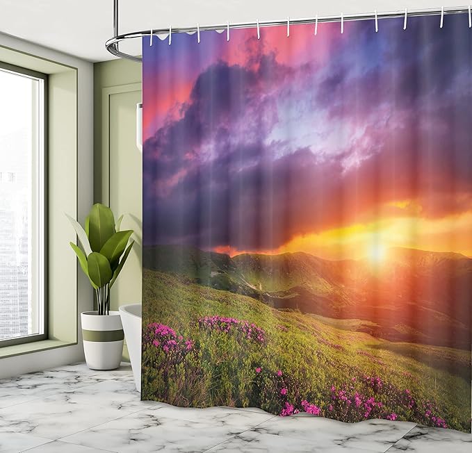 Ambesonne Landscape Shower Curtain, Mountain with Pink Rhododendron Flowers Sunset Sky Over Carpathian Hills Picture, Cloth Fabric Bathroom Decor Set with Hooks, 69" W x 70" L, Multicolor