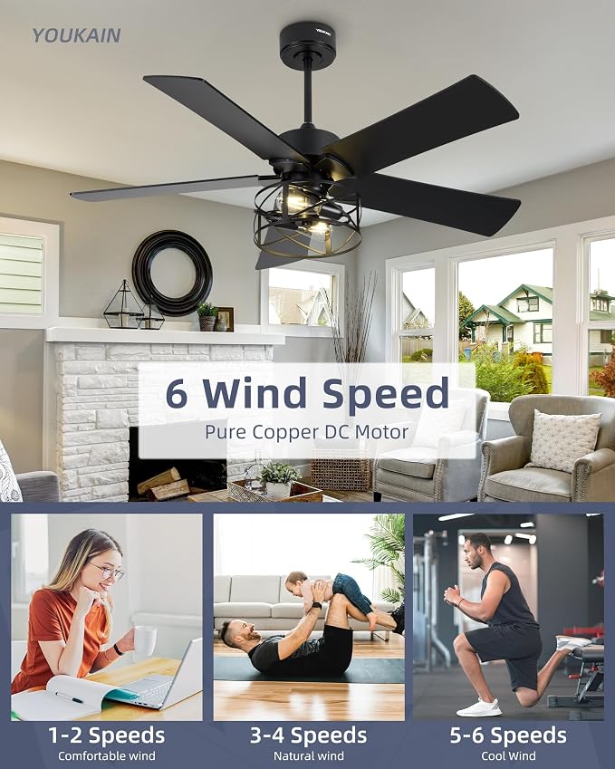 YOUKAIN Ceiling Fans with Lights, 48 Inch Farmhouse Ceiling Fans with Lights and Remote, 5-Reversible Blades with Matte Black/Wooden Finish, 48-YJ632-BKW