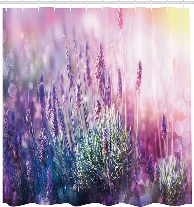 Ambesonne Lavender Shower Curtain, Fantasy Dreamlike Herbal Meadow Close Up View Nature Theme, Cloth Fabric Bathroom Decor Set with Hooks, 69" W x 70" L, Teal Pale Pink Lilac