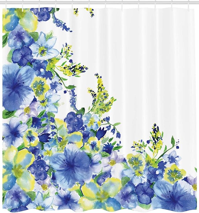 Ambesonne Watercolor Flower Shower Curtain, Motley Floret Motifs with Splash Anemone Iris Revival of Nature Theme, Cloth Fabric Bathroom Decor Set with Hooks, 69" W x 84" L, Yellow Blue