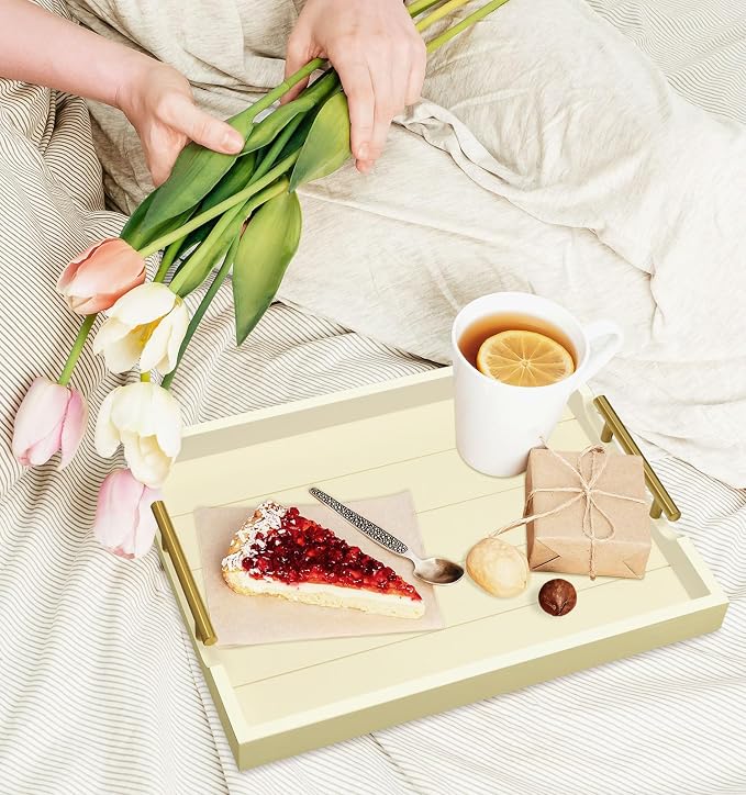 SXNOWS Wooden Serving Tray with 2 Sets of Handles,Cream | Rectangle 16.5x13 Inch Ottoman Decorative Tray for Coffee Table Kitchen Bar Living Room Breakfast in Bed, 4 Coasters Included