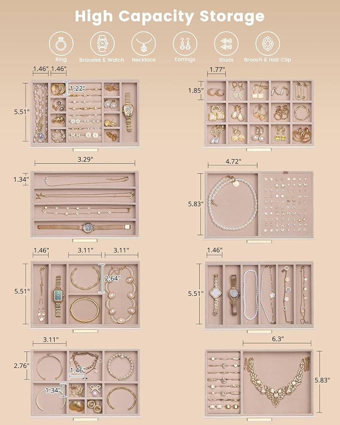 Lolalet Jewelry Box Organizer, 8-Layer Jewelry Organizers and Storage Case with Glass Lid, Ring Earring Bracelet Necklace Holder Organizer, Birthday Valentine Gifts for Women Girls -8Layer, Beige