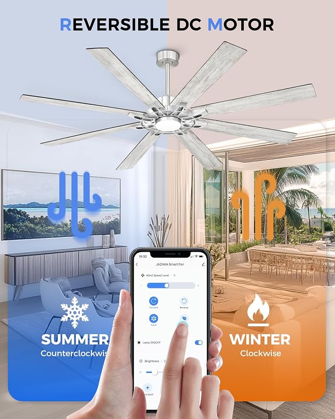 72 Inch Brushed Nickel Ceiling Fan with Light, Smart Alexa Control, Large Indoor Outdoor Fan with Dual Finish 8 Plywood Blades for Living Room, Patio, ZCCF05BN-72