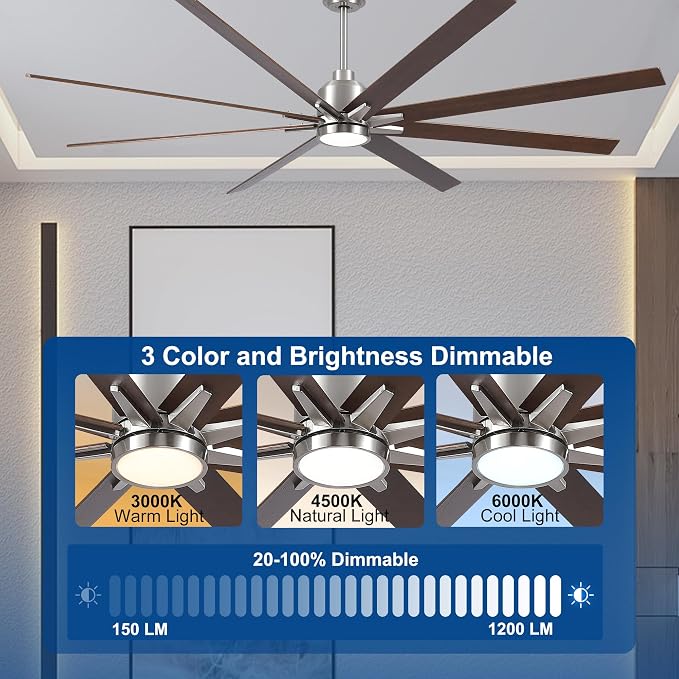 Rayqueen 84 Inch Brushed Nickel Ceiling Fans with Lights and Remote,Downrod | Walnut Blades,6 Speed Reversible DC motor,3-color temperature dimmable LED.5.9/11.8/23.6 inch downrod