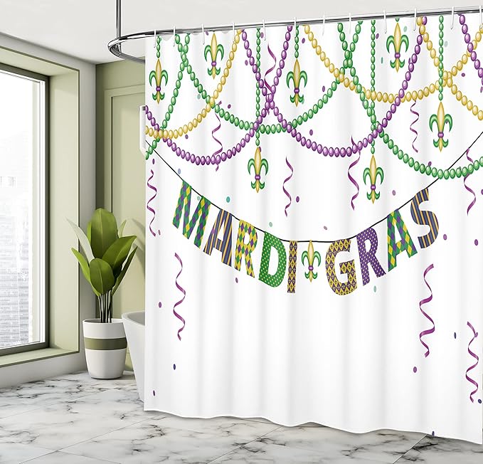 Ambesonne Mardi Gras Shower Curtain, Design with Fleur De Lis Hanging from Colorful Beads, Cloth Fabric Bathroom Decor Set with Hooks, 69" W x 70" L, Purple Green Yellow