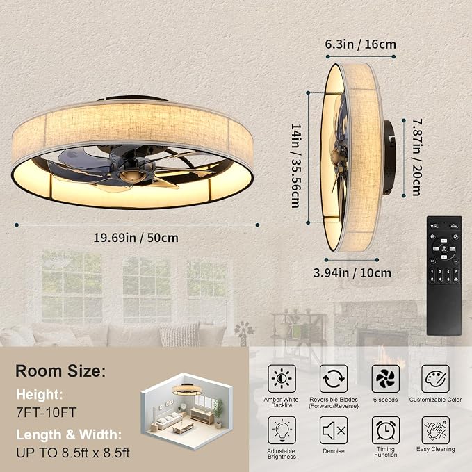 19.6" Low Profile Caged Ceiling Fan with Light and Remote,Flush Mount Smart Fandelier, 6 Speed Settings, Adjustable 3000K-6500K LED, Bladeless Fabric Design, Modern Farmhouse Ceiling Fans for Bedroom