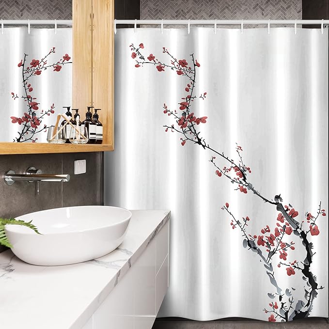Ambesonne Watercolor Flower Stall Shower Curtain, Sakura Tree Cherry Branches in Classic Style Artwork, Fabric Bathroom Decor Set with Hooks, 54" W x 78" L, Coral Black
