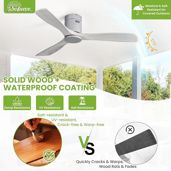 Sofucor 52 Inch Low Profile Ceiling Fans No Light, Modern Flush Mount Solid Wood Ceiling Fan with Airflow 5000CFM, Quiet DC Motor, 6 Speeds, Timer & Reversible for Bedroom Living Room, ETL, Gray