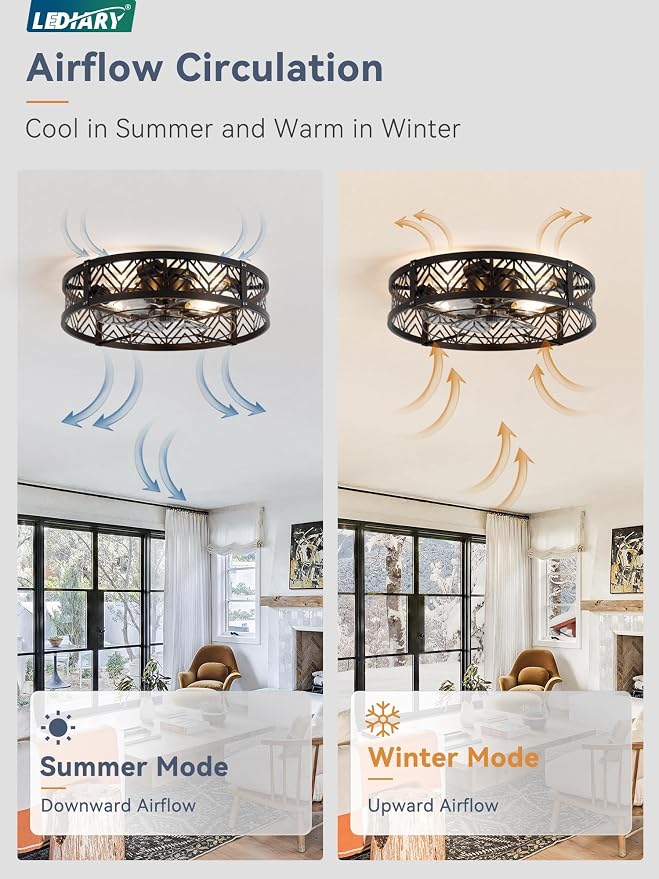 LEDIARY 23" Caged Ceiling Fan with Light, Large Flush Mount, App&Remote Control, Low Profile Bladeless Fan Light Fixture 6 Speed, Reversible and Quiet Motor-Black