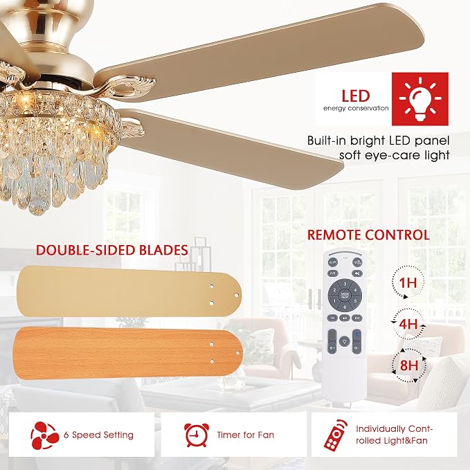 GJeg Crystal Ceiling Fan Fandelier with Lights-Ceiling Fans with Remote Control,Modern Ceiling Fan with Noiseless DC Reversible Motor,Dining Room,Living Room(52" Gold)