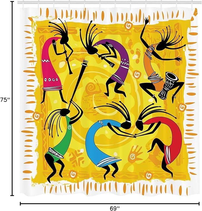 Ambesonne Ethnic Shower Curtain, Dancing and Playing Ethno Music Instruments on Tribal Pattern Artwork, Cloth Fabric Bathroom Decor Set with Hooks, 69" W x 75" L, Purple Yellow and Black
