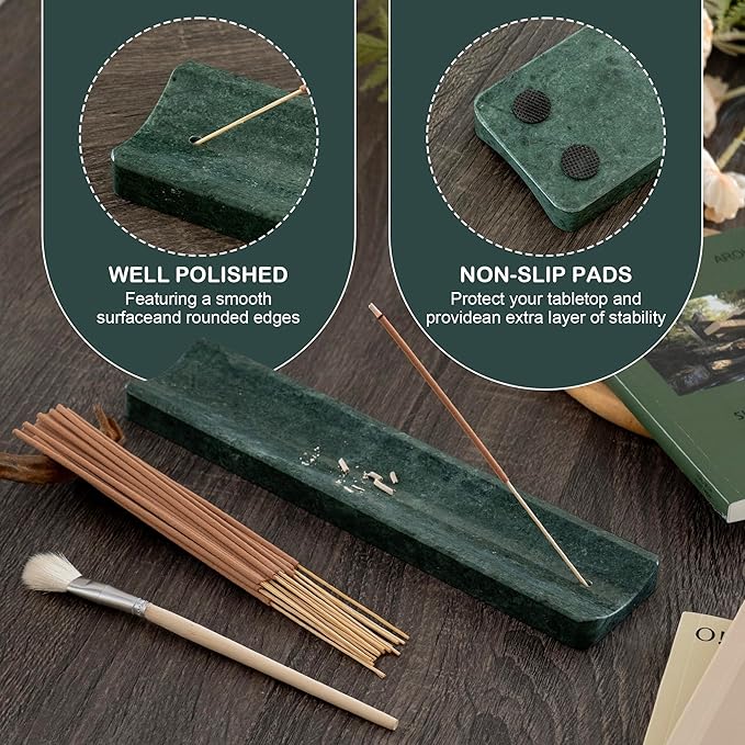 Marble Incense Holder Burner-Natural Stone Stick Incense Tray with Ash Catcher，20 Sticks & Brush - Elegant Decor for Meditation, Yoga, Home,Gift(Green)