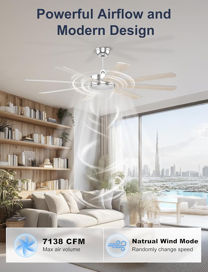 60'' Silver Ceiling Fan With No Lights for Indoor/Covered Outdoor | Remote/APP Control, 5980 CFM Airflow, Quiet DC Motor, Reversible Airflow, 8 Blades Modern Overhead Fan for Patio, Garage