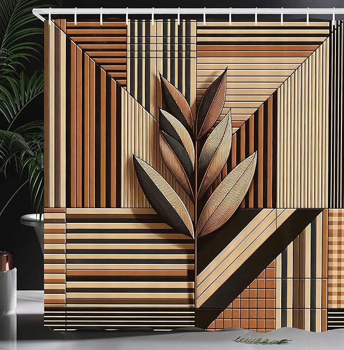 Ambesonne Neutral Shower Curtain, Leafy Branch on Abstract Stripes in Earthy Colors Boho Botanical, Cloth Fabric Bathroom Decor Set with Hooks, 69" W x 84" L, Cinnamon Dark Taupe and Beige