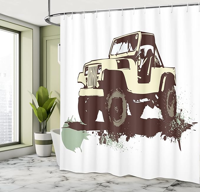 Ambesonne Grunge Shower Curtain, Retro Pop Art Style Vintage Car on The Road Adventure Graphic Design Print, Cloth Fabric Bathroom Decor Set with Hooks, 69" W x 70" L, Brown Cream and Mint