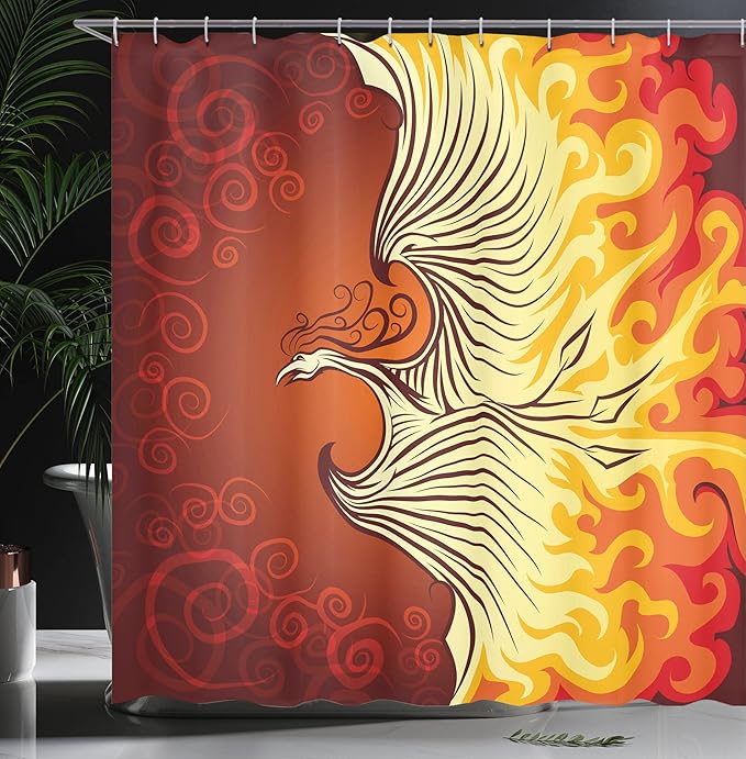 Ambesonne Orange Shower Curtain, Illustration of Flying Phoenix Bird in The Burning Mythical Creature Print, Cloth Fabric Bathroom Decor Set with Hooks, 69" W x 84" L, Orange and Yellow