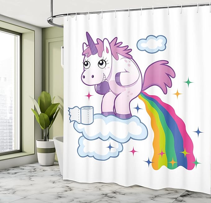 Ambesonne Funny Shower Curtain, Unicorn Pooping Rainbow Over Clouds Creative Girls Fantasy Cartoon, Cloth Fabric Bathroom Decor Set with Hooks, 69" W x 70" L, Pale Purple