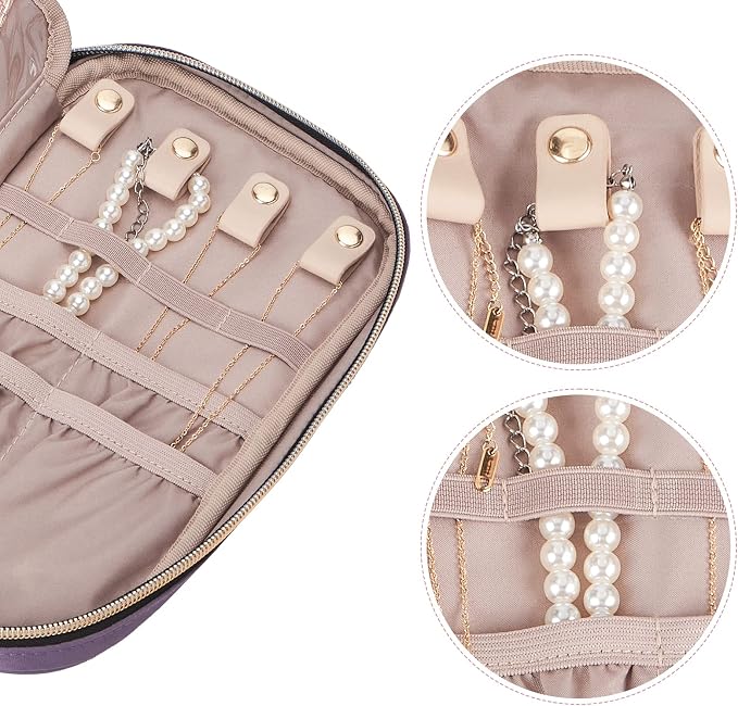 NISHEL Travel Jewelry Case Organizer, Tangle-Free Necklace Storage Bag | Stores rings, earrings, bracelets and watches in a compact case for travel, vacations and daily use, Purple, Medium